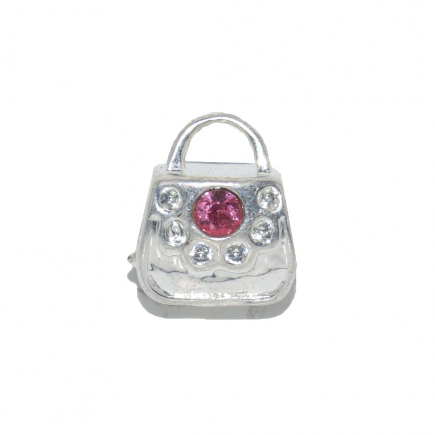 EB7 - Silvertone Handbag with pink stone - European bead charm - Click Image to Close