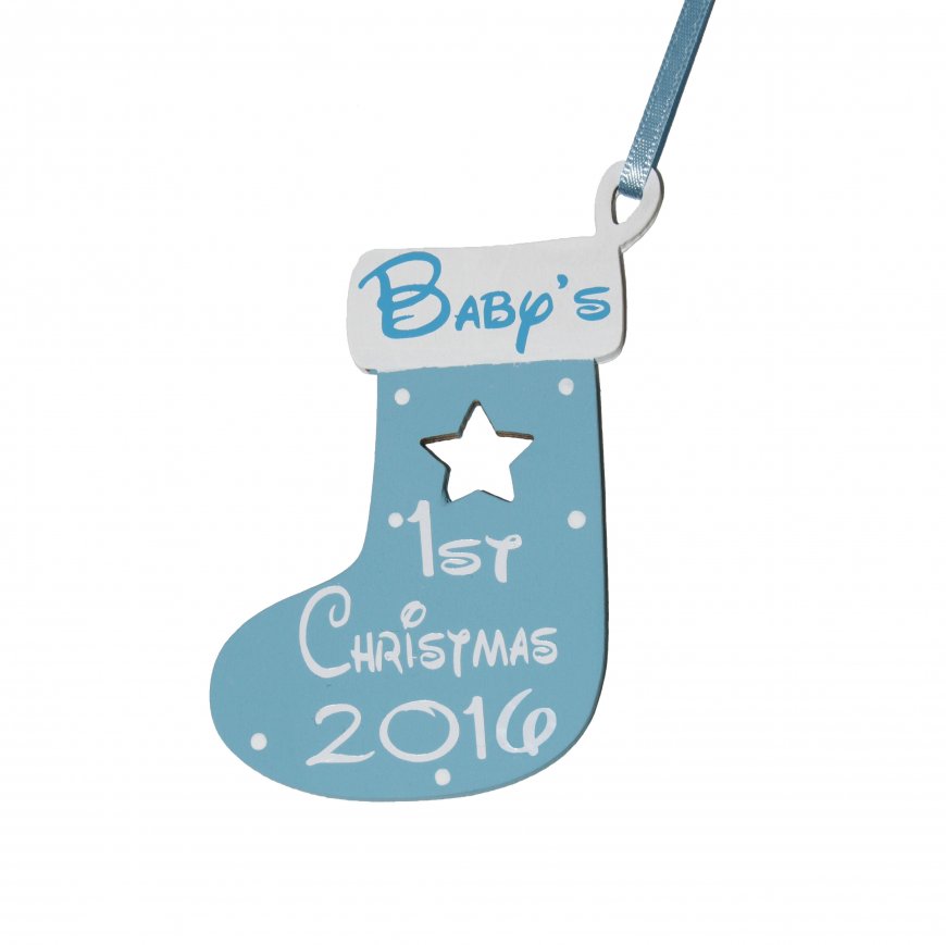 Baby's 1st Christmas small Wooden Stocking - Blue Boy - Click Image to Close