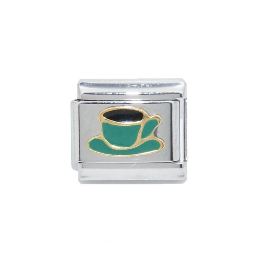 Green and gold coffee/tea cup - 9mm Italian charm - Click Image to Close