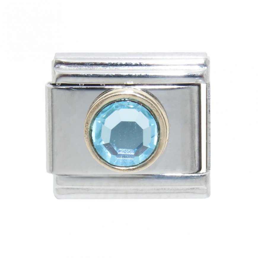 March Birthstone - Aquamarine - Gold outline circle charm - Click Image to Close