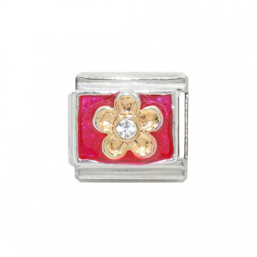Gold flower on hot pink background - 9mm Italian charm - Click Image to Close