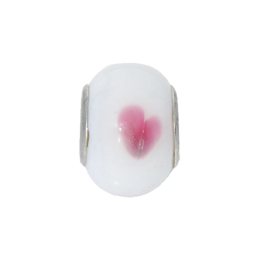 EB61 - Glass bead - White bead with pink heart - European bead - Click Image to Close