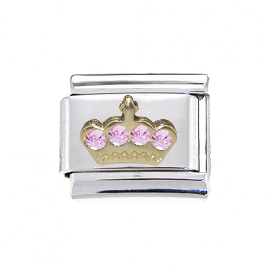 Crown with 4 pink stones - enamel Italian charm - Click Image to Close