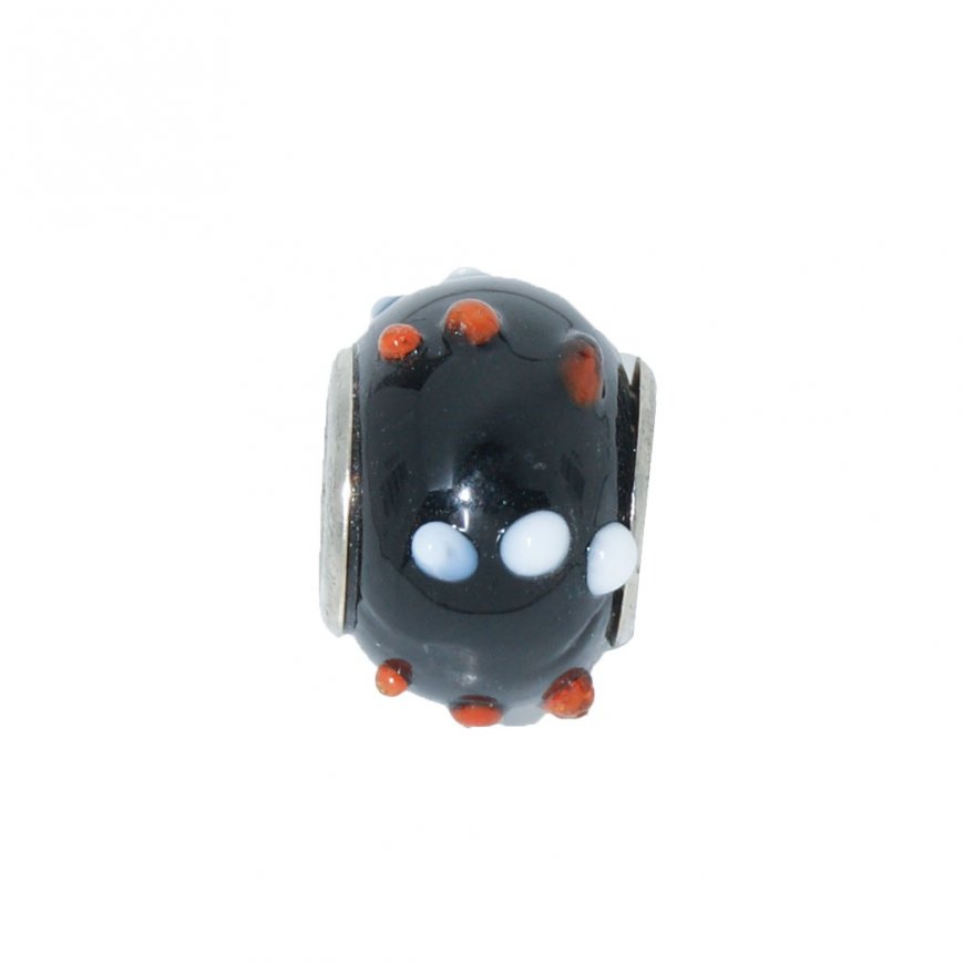 EB64 - Glass bead - Black bead,brown & white dots European bead - Click Image to Close