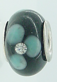 EB342 - Black bead with blue flower and rhinestone