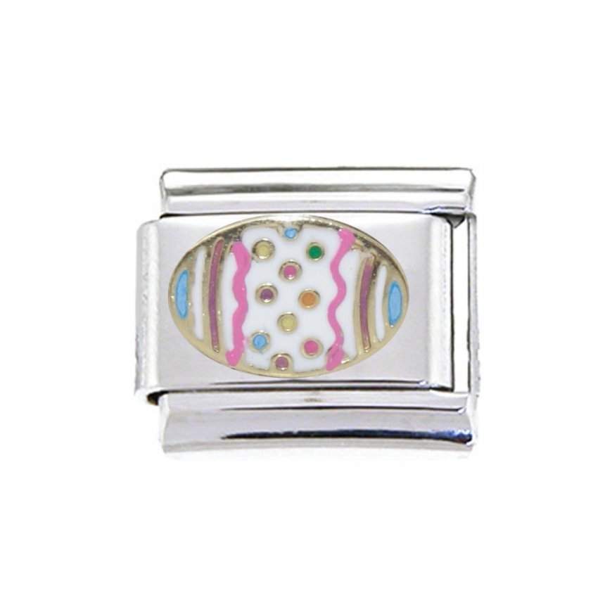 White patterned Easter egg - enamel 9mm Italian charm - Click Image to Close