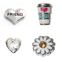 Friend Set of 4 Floating Charms, Friend, Daisy, Coffee, Heart