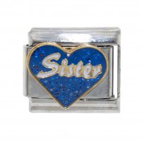 Sister blue sparkly heart 9mm enamel Italian charm