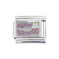 Happy Birthday with Cake purple enamel - 9mm Italian charm