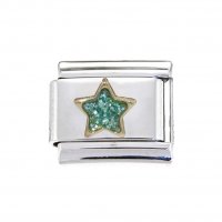 Mint green sparkly star gold rim - 9mm Italian Charm