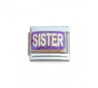 Sister on purple sparkly background 9mm enamel Italian charm