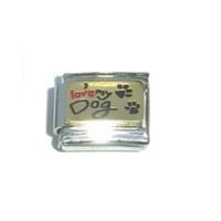 I love my dog with paw print - gold enamel Italian charm