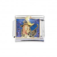 Witch with cat sparkly background - enamel 9mm Italian charm