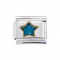 Blue sparkly star gold rim - 9mm Italian Charm
