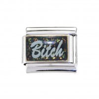 Bitch in white on black sparkly enamel 9mm Italian charm