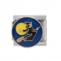 Witch with broom on blue circle - enamel 9mm Italian charm