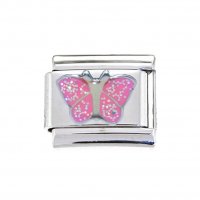 Silver & Pink glittery butterfly enamel 9mm Italian Charm