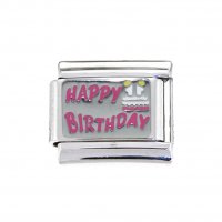 Happy Birthday with Cake pink enamel - 9mm Italian charm
