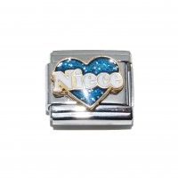 Niece - in blue sparkly heart 9mm Italian Charm