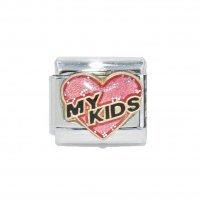 My kids in pink sparkly heart enamel 9mm Italian charm