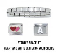 18 link shiny bracelet, double heart charm & letter