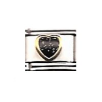 Black sparkly heart gold trim - enamel 9mm Italian charm